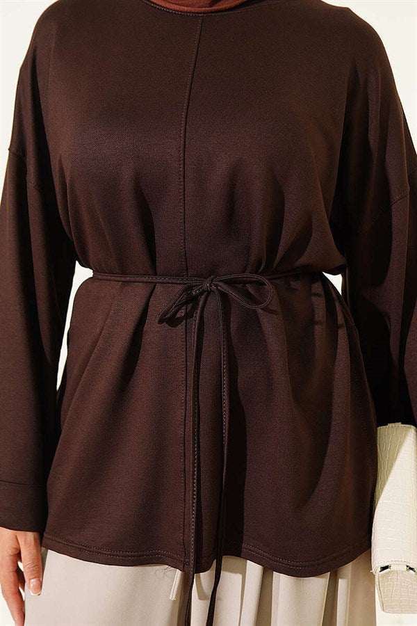 Side Slit Double Sleeve Tunic Dark Brown