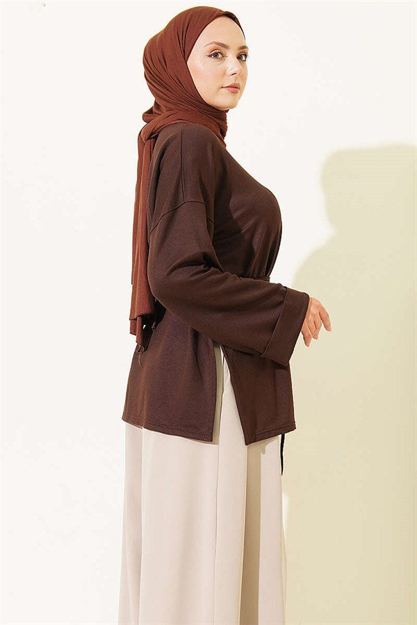 Side Slit Double Sleeve Tunic Dark Brown
