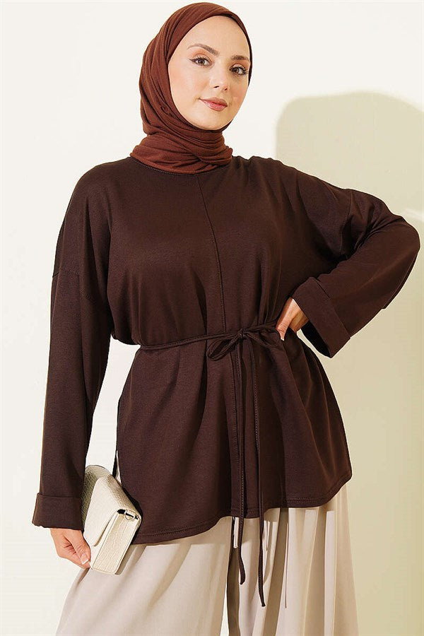Side Slit Double Sleeve Tunic Dark Brown