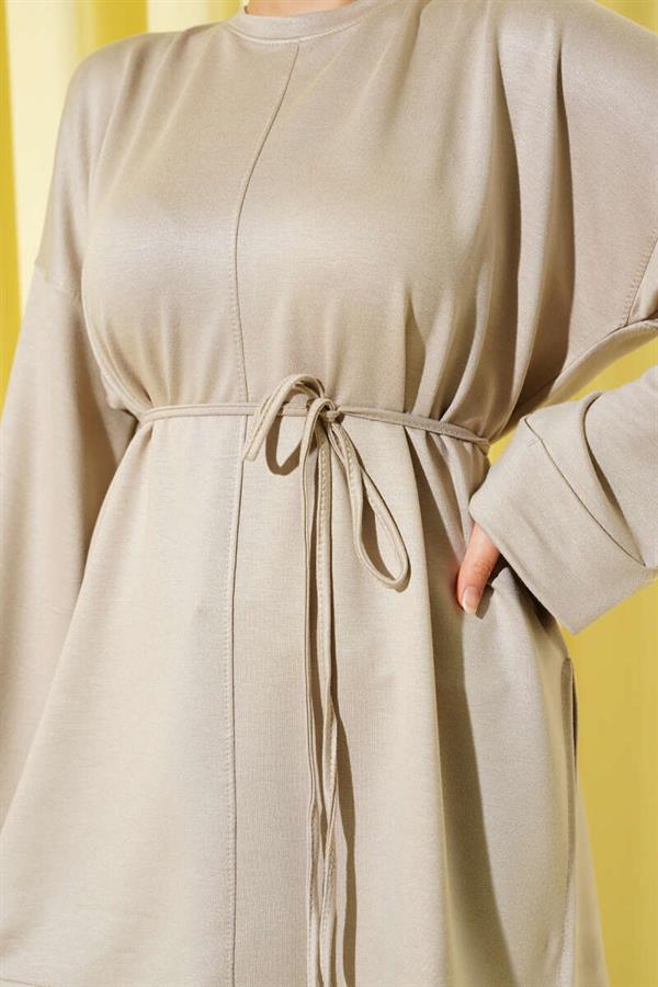 Side Slit Double Sleeve Tunic Beige