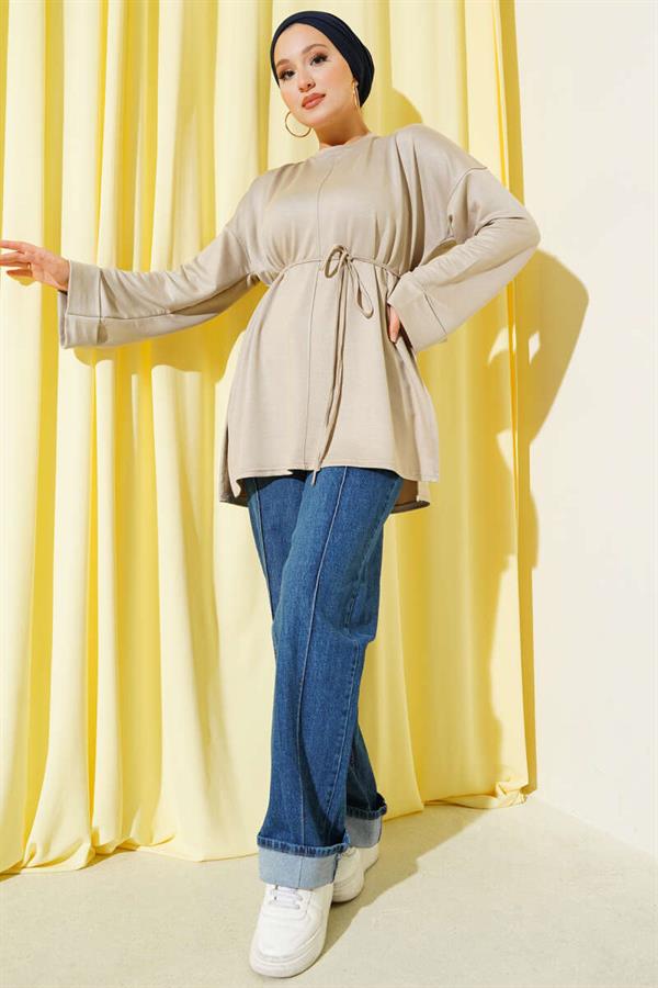 Side Slit Double Sleeve Tunic Beige