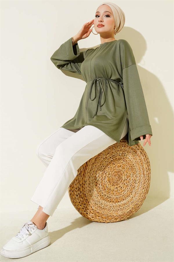 Side Slit Double Sleeve Tunic Khaki