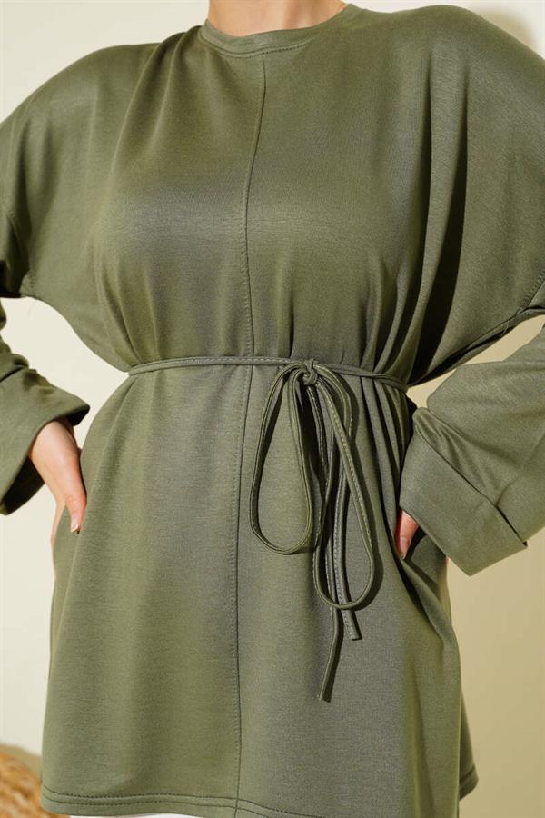 Side Slit Double Sleeve Tunic Khaki