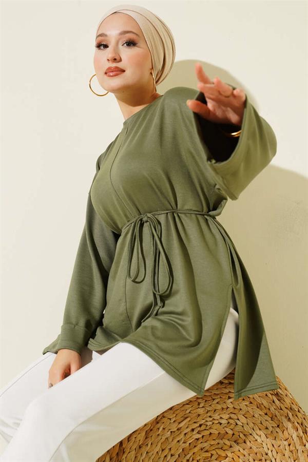 Side Slit Double Sleeve Tunic Khaki