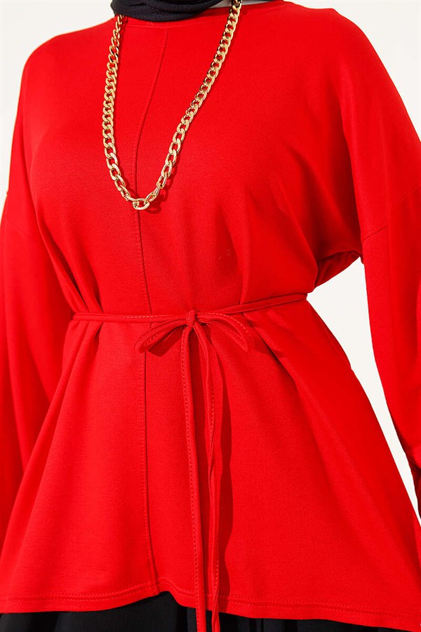 Side Slit Double Sleeve Tunic Red
