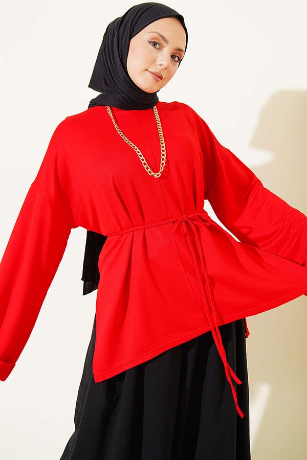 Side Slit Double Sleeve Tunic Red
