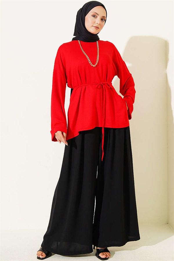 Side Slit Double Sleeve Tunic Red