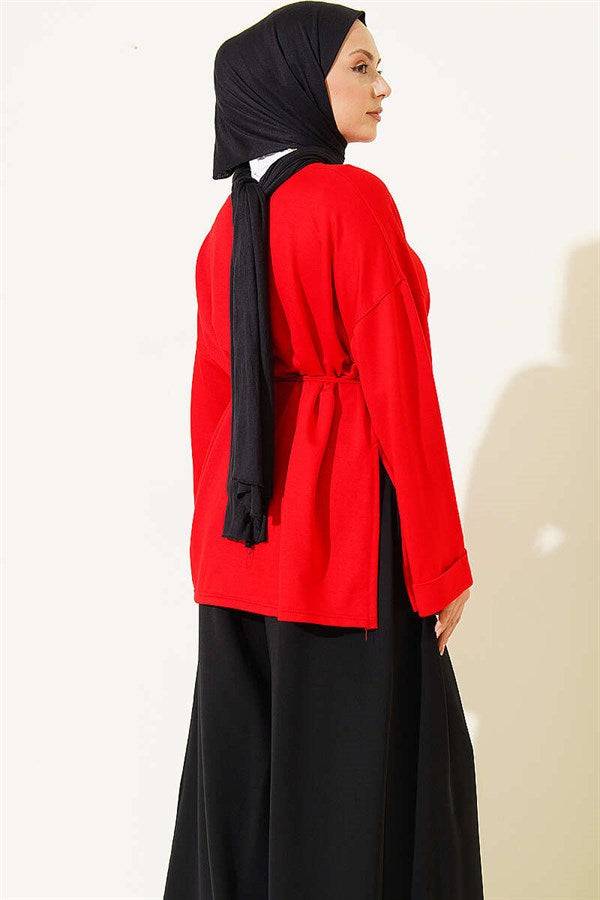 Side Slit Double Sleeve Tunic Red