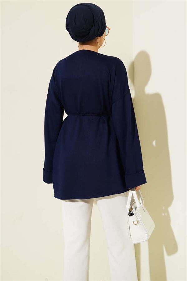 Side Slit Double Sleeve Tunic Navy Blue