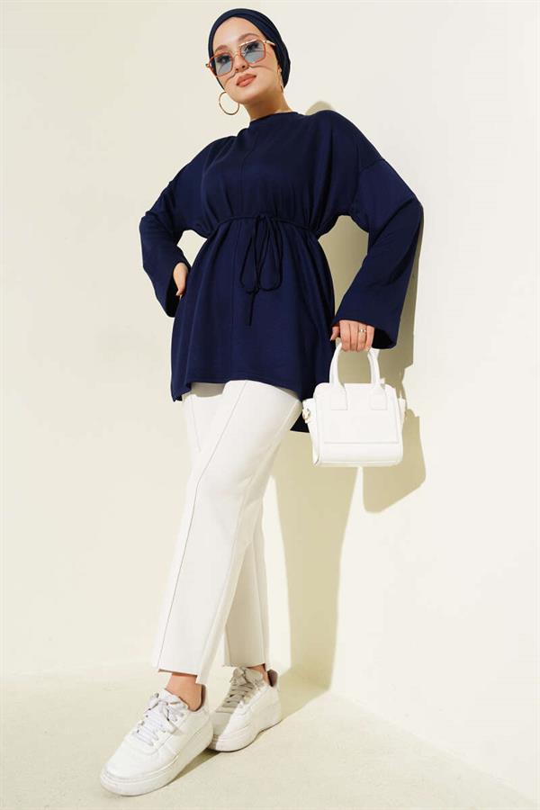 Side Slit Double Sleeve Tunic Navy Blue