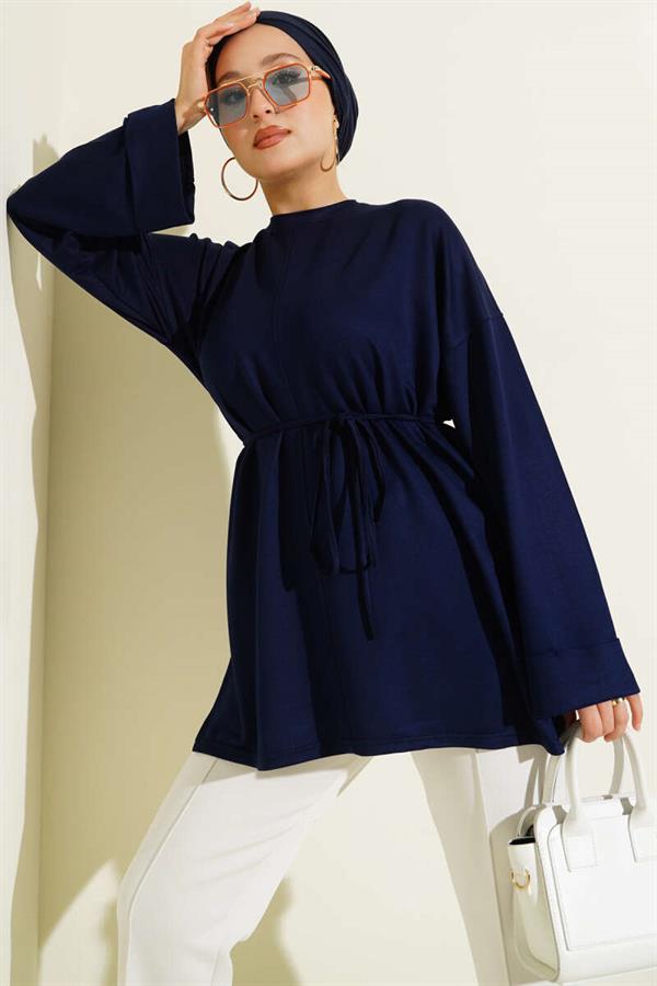 Side Slit Double Sleeve Tunic Navy Blue