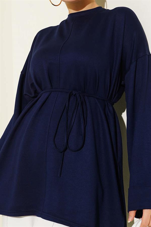 Side Slit Double Sleeve Tunic Navy Blue