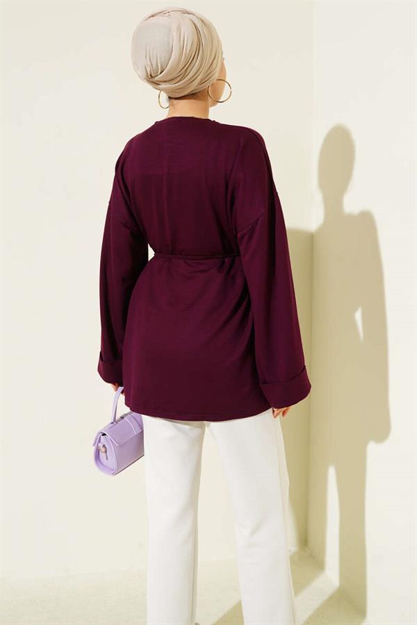 Side Slit Double Sleeve Tunic Plum