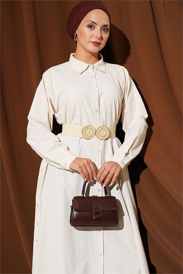 Long Button-Down Shirt with Side Slits, Beige