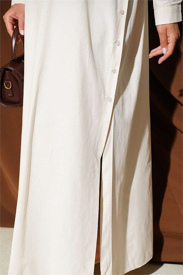Long Button-Down Shirt with Side Slits, Beige