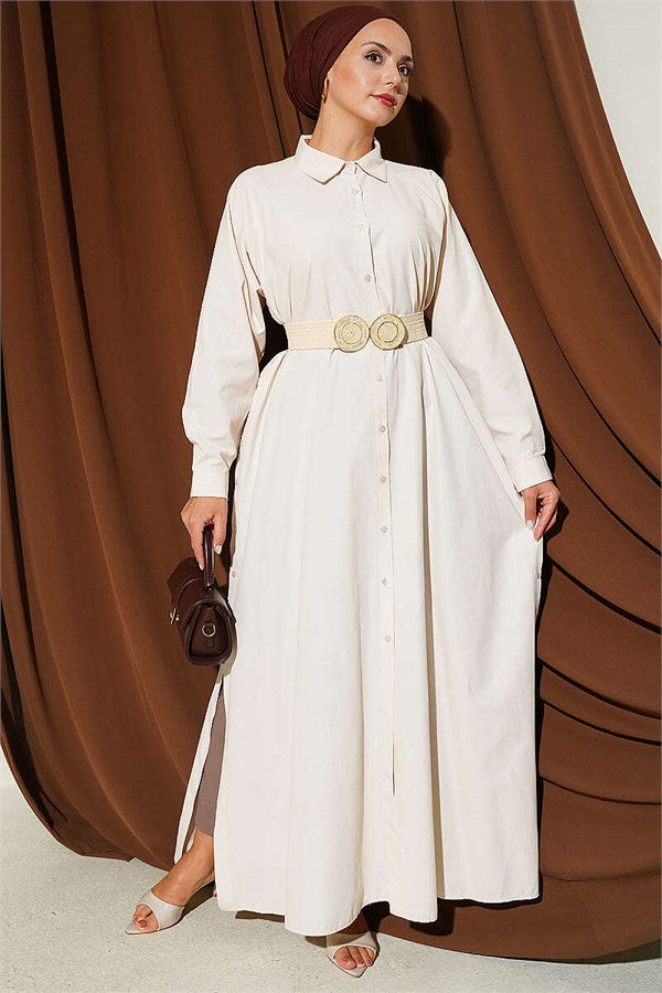 Long Button-Down Shirt with Side Slits, Beige