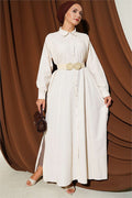 Long Button-Down Shirt with Side Slits, Beige