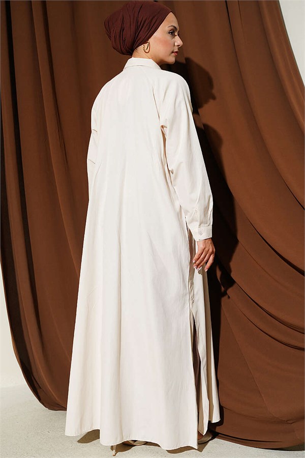 Long Button-Down Shirt with Side Slits, Beige