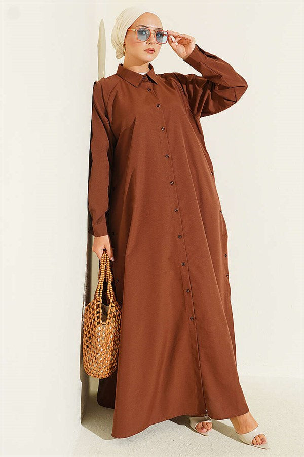 Side Slit Buttoned Long Shirt, Brown