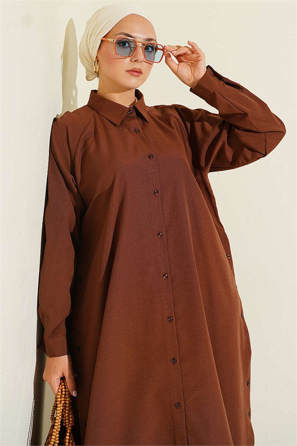 Side Slit Buttoned Long Shirt, Brown