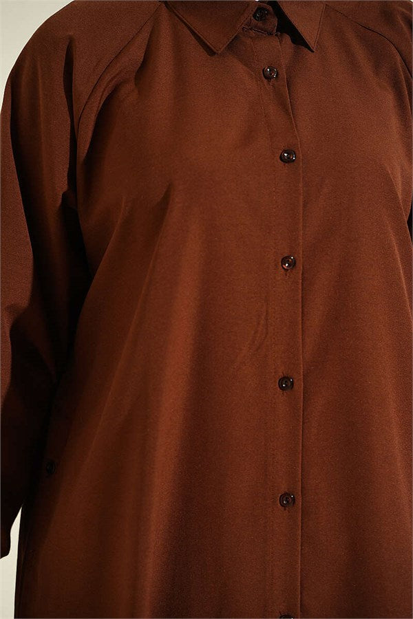 Side Slit Buttoned Long Shirt, Brown