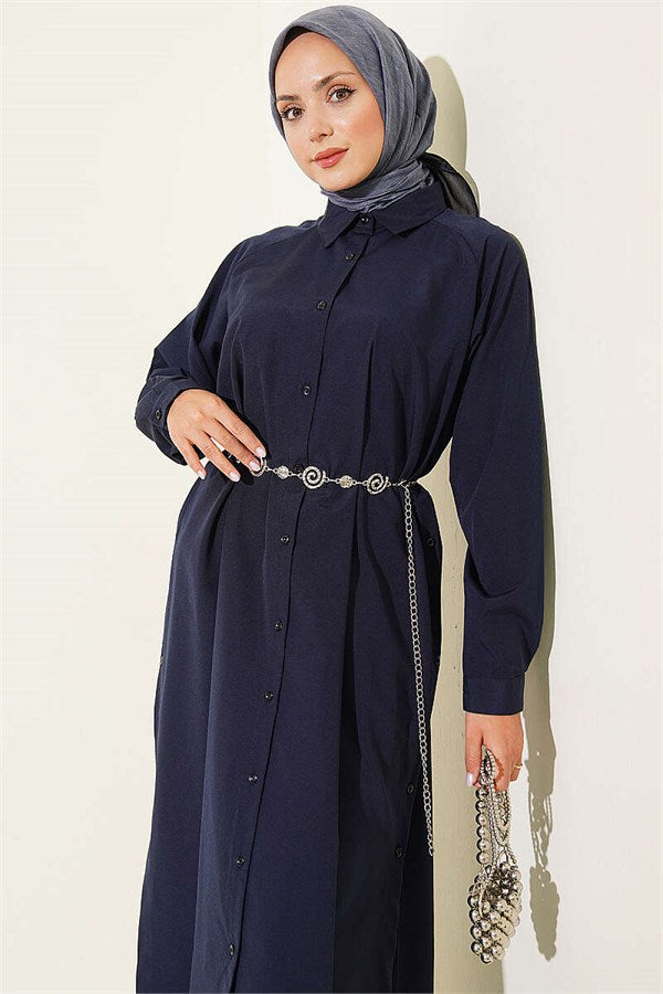 Navy Blue Long Button-Down Shirt with Side Slits