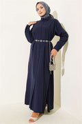 Navy Blue Long Button-Down Shirt with Side Slits
