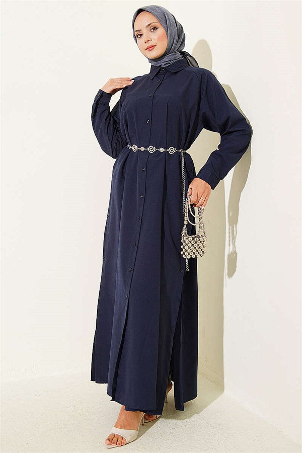 Navy Blue Long Button-Down Shirt with Side Slits