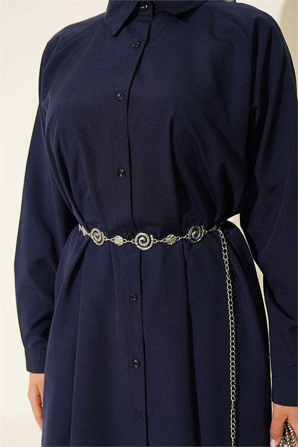 Navy Blue Long Button-Down Shirt with Side Slits
