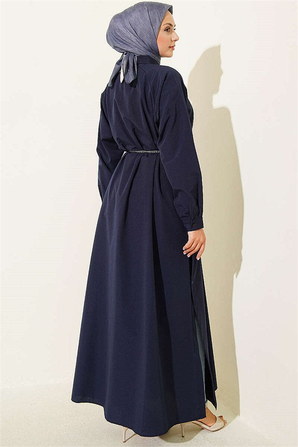 Navy Blue Long Button-Down Shirt with Side Slits