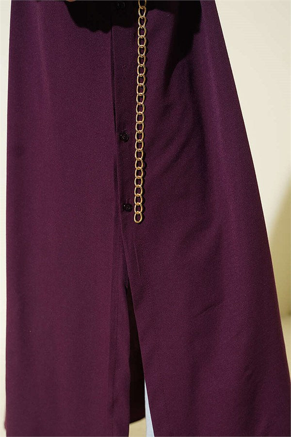 Long Button-Down Shirt with Side Slits, Plum