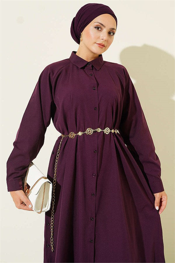 Long Button-Down Shirt with Side Slits, Plum