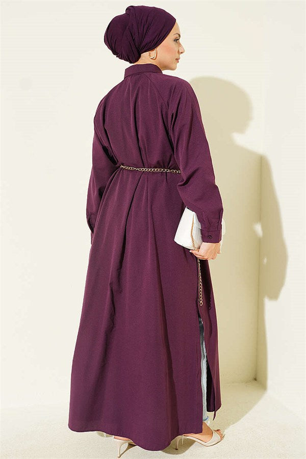 Long Button-Down Shirt with Side Slits, Plum