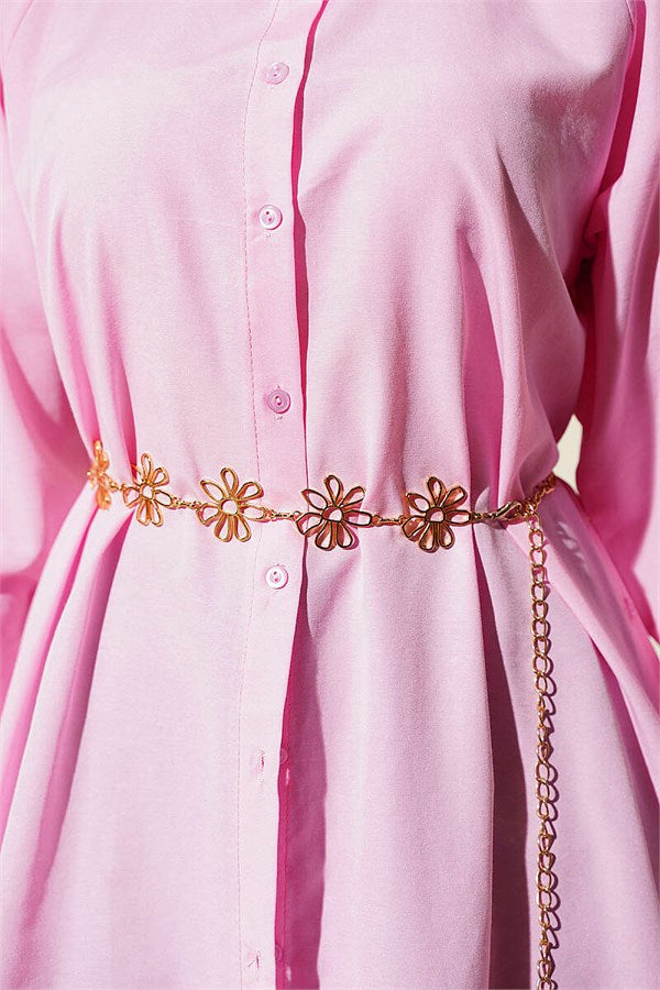 Pink Button-Down Long Shirt with Side Slits