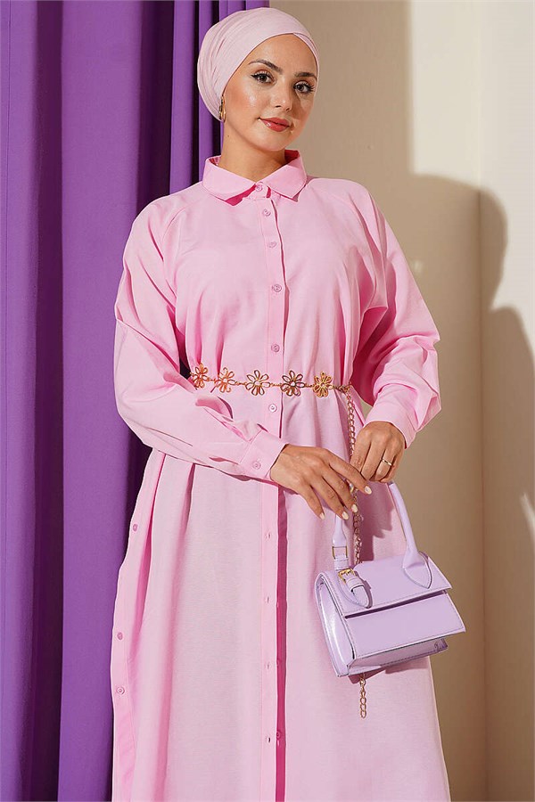Pink Button-Down Long Shirt with Side Slits
