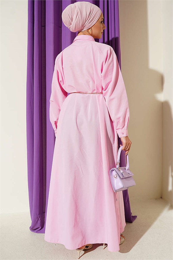 Pink Button-Down Long Shirt with Side Slits