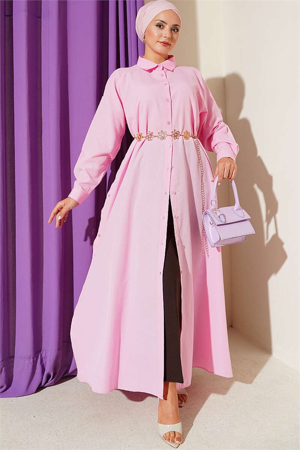 Pink Button-Down Long Shirt with Side Slits