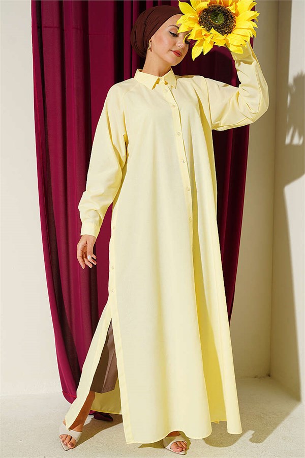 Long Button-Down Shirt with Side Slits, Yellow