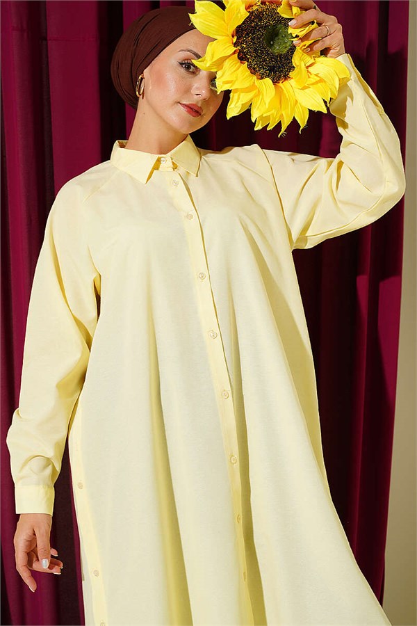 Long Button-Down Shirt with Side Slits, Yellow