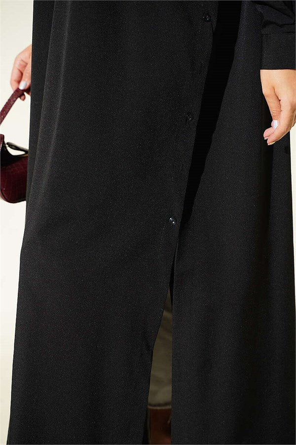Side Slit Button-Down Long Shirt, Black