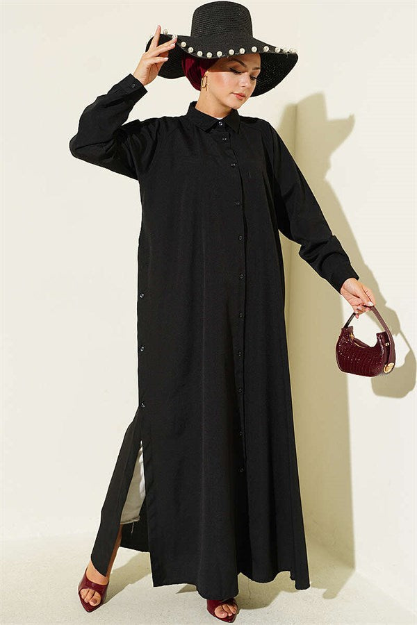 Side Slit Button-Down Long Shirt, Black