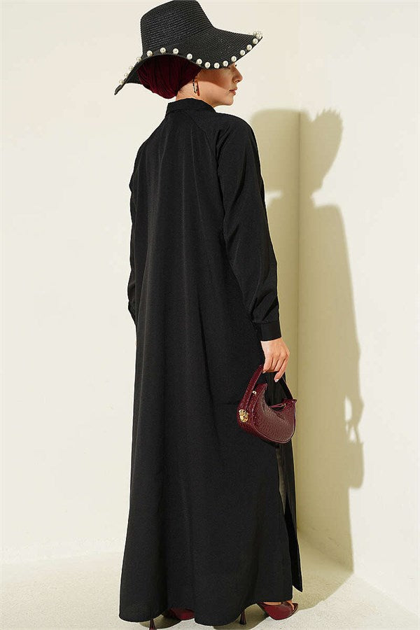 Side Slit Button-Down Long Shirt, Black