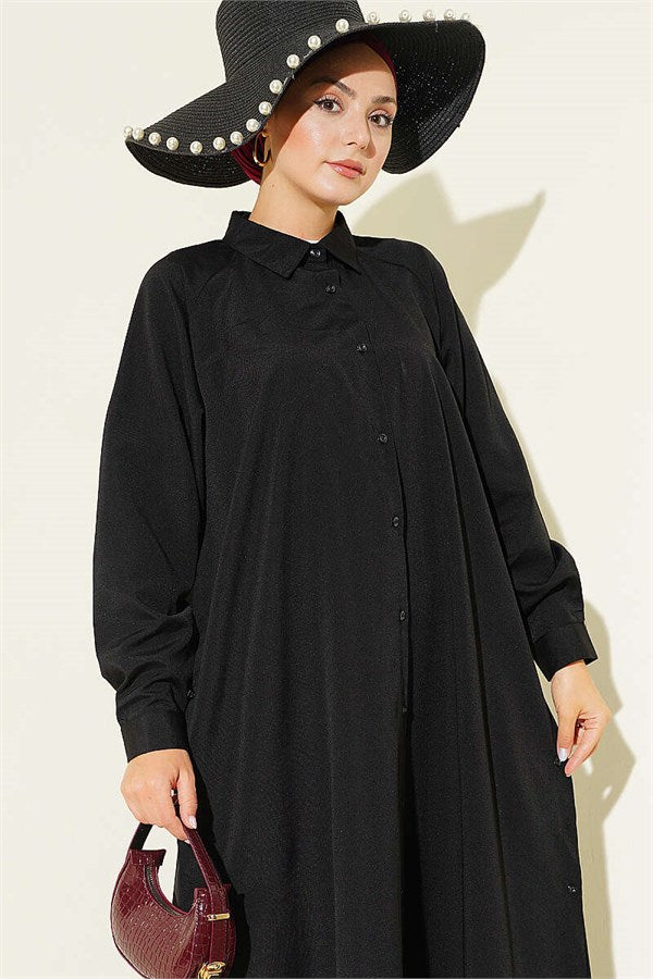 Side Slit Button-Down Long Shirt, Black