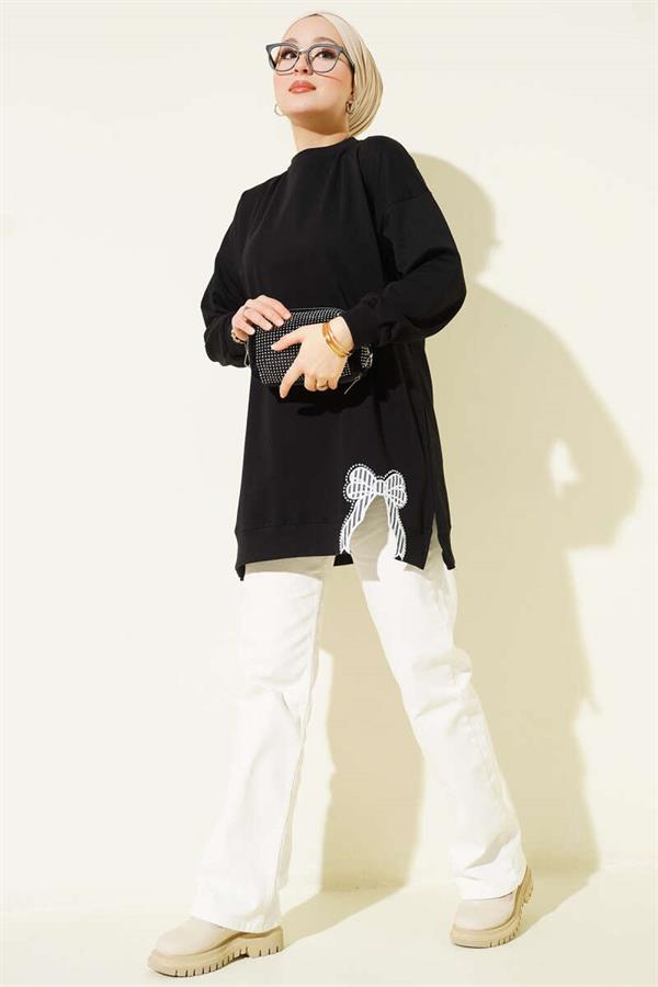Side Slit Tunic with Ribbon Embroidery Detail, Black