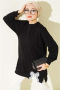 Side Slit Tunic with Ribbon Embroidery Detail, Black