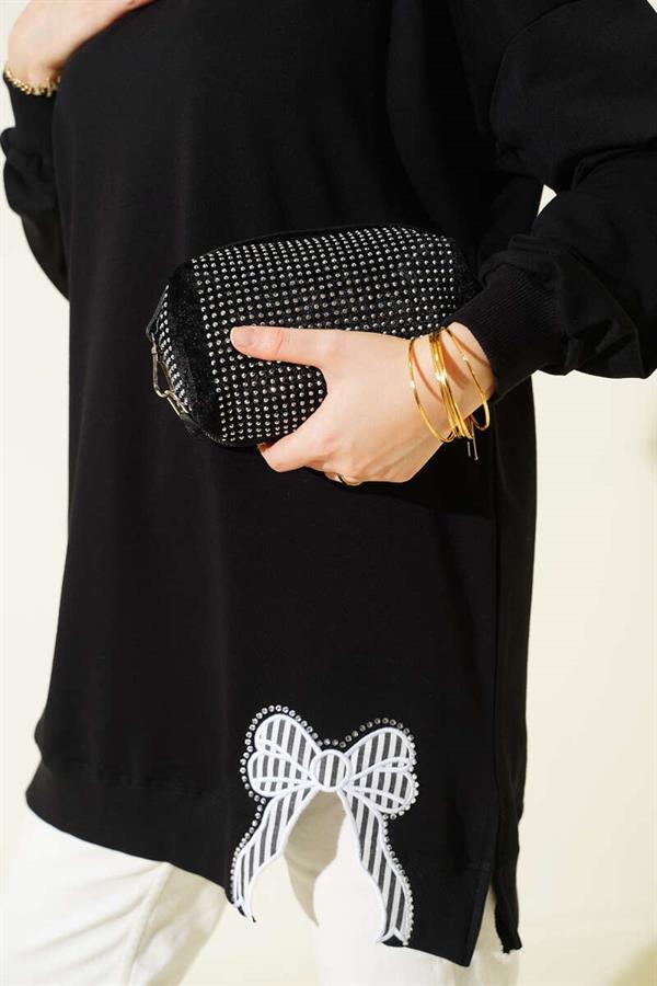 Side Slit Tunic with Ribbon Embroidery Detail, Black