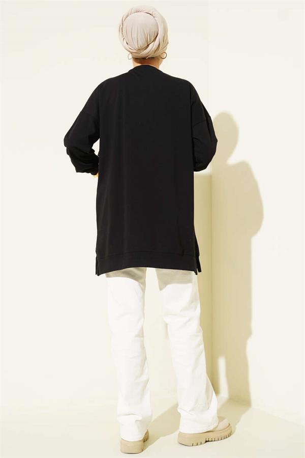 Side Slit Tunic with Ribbon Embroidery Detail, Black