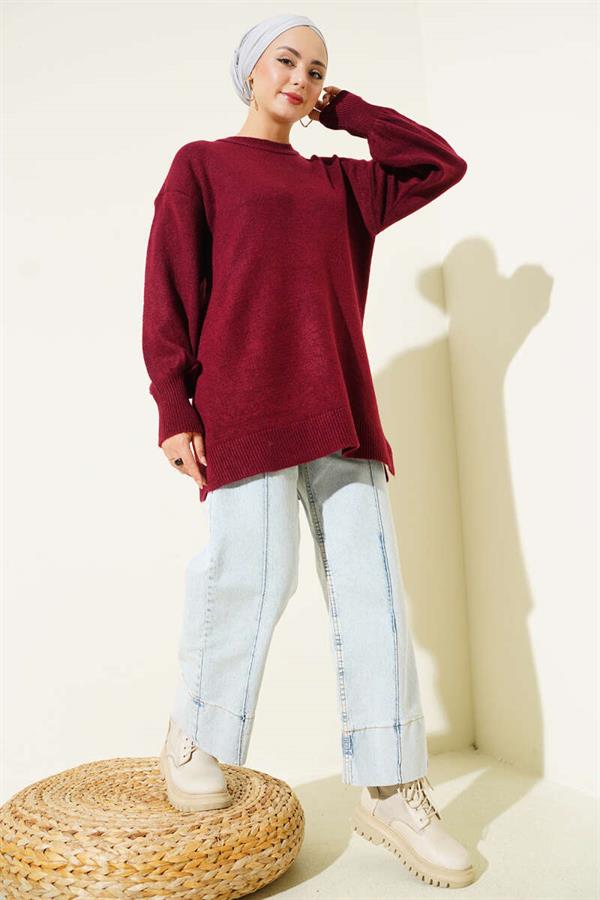 Side Slit Soft Long Knit Tunic Burgundy