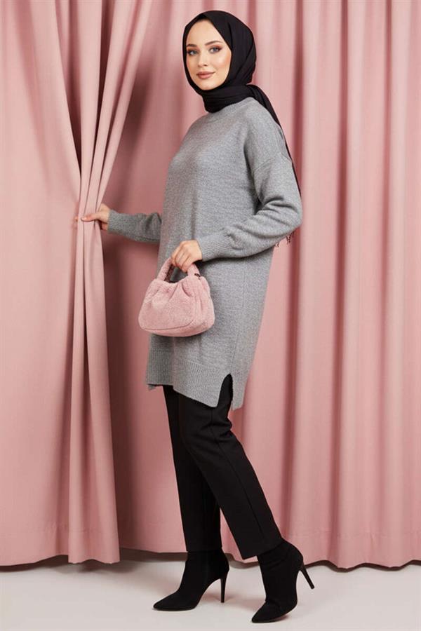 Side Slit Soft Long Knit Tunic Gray