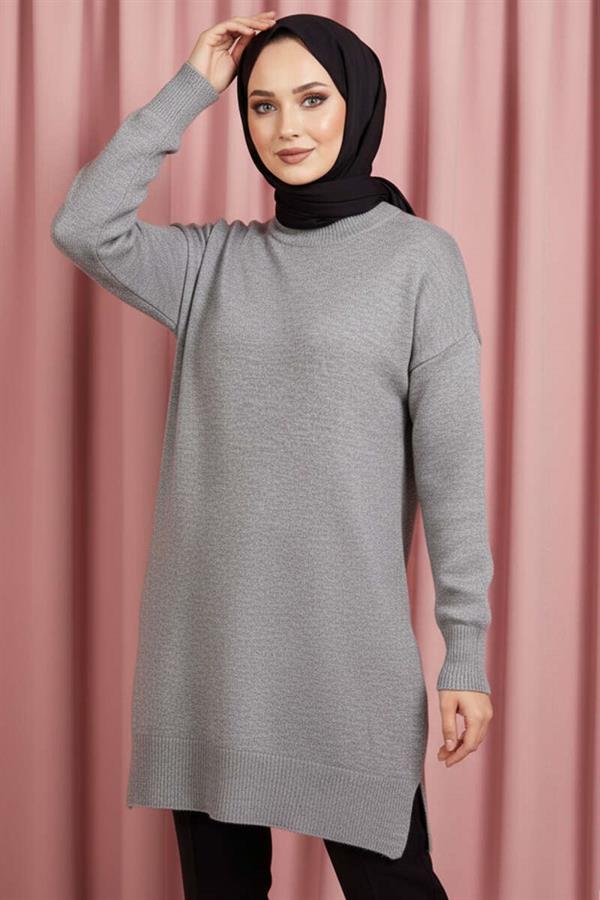 Side Slit Soft Long Knit Tunic Gray